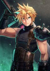 Rule 34 | 1boy, aqua eyes, black gloves, blonde hair, cloud strife, commentary request, eyes visible through hair, final fantasy, final fantasy vii, gloves, hair between eyes, hand up, highres, holding, holding sword, holding weapon, kuroi susumu, looking at viewer, male focus, short hair, solo, square enix, sword, weapon