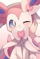 Rule 34 | artist name, blue eyes, blush, closed mouth, commentary, creatures (company), game freak, gen 6 pokemon, hand on another&#039;s cheek, hand on another&#039;s face, highres, katsukare, long sleeves, looking at viewer, nintendo, one eye closed, pastel colors, pink background, pokemon, pokemon (creature), pov, smile, sylveon, twitter username