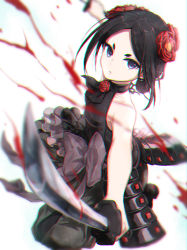 Rule 34 | 1girl, armor, black hair, black pants, blue eyes, blurry, blurry background, blurry foreground, chromatic aberration, dual wielding, faulds, flower, hair flower, hair ornament, highres, holding, holding sword, holding weapon, japanese armor, kusazuri, looking at viewer, noraillust, pants, princess principal, red flower, short hair, simple background, sleeveless, solo, sword, toudou chise, weapon, white background
