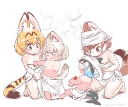 Rule 34 | 4girls, after bathing, aged down, animal ears, bare shoulders, black hair, blonde hair, blue hair, blush, brown hair, cetacean tail, common dolphin (kemono friends), dhole (kemono friends), dog ears, dog girl, dog tail, dolphin girl, dorsal fin, drying, extra ears, fins, fish tail, holding, holding towel, kemono friends, kemono friends 3, maki (02uh14l1b740ao2), multicolored hair, multiple girls, naked towel, open mouth, serval (kemono friends), short hair, smile, steam, tail, towel, towel on head, wet, wet hair, white hair, white serval (kemono friends)