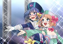 Rule 34 | 10s, 1boy, 1girl, blue eyes, blush, brother and sister, brown hair, cardfight!! vanguard, glasses, hat, headset, music, open mouth, sendou aichi, sendou emi, shijimi (outa), short hair, siblings, singing, smile, sparkle