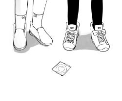 Rule 34 | 2girls, commentary, condom, condom wrapper, english commentary, greyscale, highres, lakilolom, loafers, monochrome, multiple girls, original, out of frame, shadow, shoes, socks, standing, white background