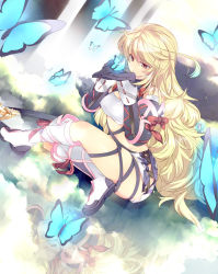 Rule 34 | 1girl, ahoge, blonde hair, boots, bow, brown eyes, bug, butterfly, ekoo, full body, gloves, bug, crossed legs, long hair, milla maxwell, reflection, ribbon, sitting, skirt, smile, solo, strapless, tales of (series), tales of xillia, tube top