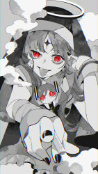 Rule 34 | 1girl, absurdres, aimaina, bandaid, bandaid on face, black nails, blunt bangs, chromatic aberration, cigarette, grey hair, greyscale, habit, hatsune miku, highres, holding, holding cigarette, kamippoina (vocaloid), limited palette, long hair, monochrome, nail polish, omutatsu, piercing, pointing, pointing at viewer, red eyes, smoke, solo, spot color, tongue, tongue out, tongue piercing, veil, vocaloid