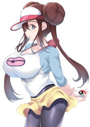 Rule 34 | 1girl, blue eyes, breasts, brown hair, cleavage, creatures (company), double bun, fukunaga yukito, game freak, hair bun, highres, holding, holding poke ball, large breasts, nintendo, open mouth, pantyhose, poke ball, poke ball (basic), pokemon, pokemon bw2, rosa (pokemon), shorts, simple background, solo, sparkle, twintails, white background, yellow shorts