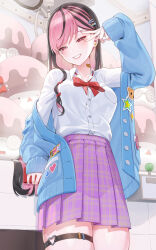Rule 34 | 1girl, bandaid, bandaid on neck, black hair, blue jacket, blush, bow, bowtie, breasts, collared shirt, ear piercing, hair ornament, hairclip, head tilt, highres, holding, jacket, kfr, long hair, long sleeves, looking at viewer, medium breasts, multicolored hair, original, piercing, pink hair, pleated skirt, purple skirt, red bow, red bowtie, red eyes, shirt, skirt, sleeves past wrists, smile, solo, standing, swept bangs, thigh strap, two-tone hair, upper body, v over eye, white shirt