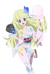 Rule 34 | 1girl, blonde hair, blue eyes, cotton candy, eyebrows, feet, hair ornament, holding, japanese clothes, kimono, leg lift, long hair, long sleeves, looking at viewer, official art, open mouth, print kimono, sandals, shirley fennes, simple background, solo, tales of (series), tales of legendia, tales of link, toes, white background, white kimono, wide sleeves, yukata