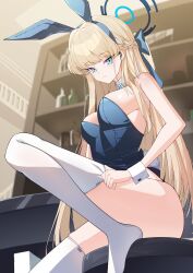 Rule 34 | 1girl, absurdres, blonde hair, blue archive, blue eyes, foot out of frame, halo, highres, its2h35, knee up, legs, leotard, long hair, looking at viewer, no shoes, official alternate costume, playboy bunny, solo, thighhighs, thighs, toki (blue archive), toki (bunny) (blue archive), white thighhighs
