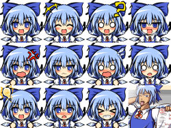 Rule 34 | &gt; &lt;, circled 9, 1girl, ?, anger vein, bad id, bad pixiv id, blue eyes, blue hair, blush, bow, cirno, expressions, closed eyes, faceset, gakuen handsome, hair bow, ice, kisaragi zwei, light bulb, matching hair/eyes, o o, open mouth, parody, saotome takuya, short hair, solo, symbol-shaped pupils, touhou, wings
