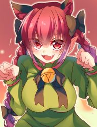 Rule 34 | 1girl, :d, animal ear fluff, animal ears, bad hands, bell, black bow, black bowtie, blunt bangs, blush, bow, bowtie, braid, breasts, cat ears, dress, extra ears, eyes visible through hair, fang, frills, gradient background, green dress, hair bow, hair ribbon, hands up, highres, jingle bell, juliet sleeves, kaenbyou rin, large breasts, light particles, long hair, long sleeves, looking at viewer, meimei (meimei89008309), open mouth, outer glow, paw pose, pointy ears, puffy sleeves, red background, red eyes, red hair, ribbon, sidelocks, simple background, sleeves past wrists, smile, solo, touhou, tress ribbon, twin braids, twintails, upper body