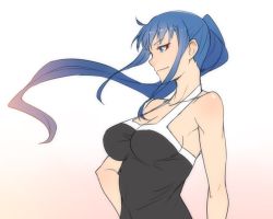 Rule 34 | 10s, 1girl, ahoge, ban! (bansankan), bare shoulders, blue eyes, blue hair, breasts, cleavage, closed mouth, collarbone, female focus, floating hair, from side, gradient background, grisaia (series), grisaia no rakuen, hand on own hip, kusakabe asako, long hair, matching hair/eyes, medium breasts, ponytail, simple background, smile, solo