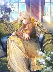 Rule 34 | 1girl, blonde hair, copyright name, couch, dress, flower, green eyes, hair ornament, highres, long hair, looking at viewer, official art, open mouth, original, sid story, sila (carpen), sitting, smile, solo, twitter username, yellow dress