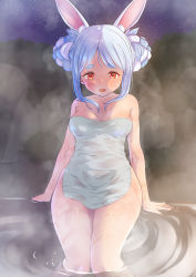 Rule 34 | 1girl, animal ear fluff, animal ears, arm support, bath, berotore, blue hair, blush, braid, braided bun, breasts, cleavage, collarbone, covering privates, cowboy shot, double bun, embarrassed, flower, hair bun, hair flower, hair ornament, highres, hikimayu, hololive, impossible towel, long hair, looking at viewer, medium breasts, multicolored hair, naked towel, night, nude cover, onsen, open mouth, orange eyes, rabbit-shaped pupils, rabbit ears, red eyes, short eyebrows, sidelocks, sitting, soaking feet, solo, star (sky), straight-on, sweat, swept bangs, symbol-shaped pupils, teeth, thick eyebrows, towel, twin braids, two-tone hair, upper teeth only, usada pekora, virtual youtuber, wet, wet towel, white hair, white towel, wide hips