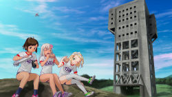 Rule 34 | 3girls, :t, aircraft, alternate costume, bare arms, bare legs, blonde hair, blue sky, blush, brown eyes, brown hair, building, cloud, commentary request, day, eating, flower, food, grass, green eyes, gym shirt, gym uniform, hair flower, hair ornament, hairband, hairclip, highres, holding, holding food, i-401 (kancolle), i-504 (kancolle), kantai collection, kneehighs, luigi torelli (kancolle), mu-pyon, multiple girls, name tag, one eye closed, open mouth, outdoors, ponytail, ro-500 (kancolle), sandwich, seaplane, shirt, shoes, short hair, short ponytail, short sleeves, sitting, sky, smile, sneakers, socks, tan, thighhighs, torpedo, tree, white hair, white hairband, white shirt