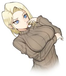 Rule 34 | 1girl, android 18, blonde hair, blue eyes, breast hold, breasts, dragon ball, dragonball z, dutch angle, hand to own mouth, jorin, large breasts, long sleeves, looking away, parted bangs, ribbed sweater, short hair, simple background, sleeves past wrists, solo, sweater, turtleneck, turtleneck sweater, upper body, white background