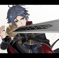 Rule 34 | 1boy, arknights, black eyes, black hair, cape, hair between eyes, highres, hishoti cheese, holding, holding sword, holding weapon, letterboxed, male focus, pointy ears, simple background, solo, sword, two-sided cape, two-sided fabric, upper body, vambraces, weapon, white background, zuo le (arknights)