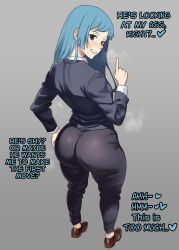 Rule 34 | 1girl, absurdres, ass, ass focus, black blazer, black eyes, black pants, blazer, blue hair, english text, eyebrows, eyelashes, female focus, freshnsfw, from behind, full body, grey background, grin, hand on own hip, hand up, highres, huge ass, index finger raised, jacket, jujutsu kaisen, light blue hair, long hair, long sleeves, looking at viewer, looking back, miwa kasumi, nervous, nervous smile, nervous sweating, nose, office lady, pants, shirt, shoes, simple background, smile, solo, standing, sweat, white shirt