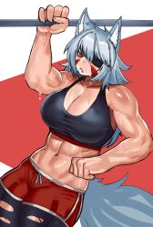 Rule 34 | 1girl, animal ears, breasts, cleavage, exercising, eyepatch, ezzydraws, facepaint, highres, large breasts, muscular, muscular female, original, short shorts, shorts, solo, sweat, tail, tank top, thick thighs, thighhighs, thighs, torn clothes, wolf girl