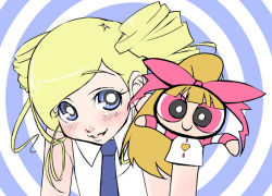 Rule 34 | 00s, 1girl, blonde hair, blossom (ppg), blue eyes, blue necktie, bubble, collared shirt, drill hair, goutokuji miyako, hand puppet, looking at viewer, mask, necktie, ponytail, powerpuff girls, powerpuff girls z, puppet, rolling bubbles, shirt, sleeveless, sleeveless shirt, solo, twin drills, twintails, upper body, white shirt