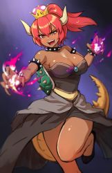 Rule 34 | 1girl, :d, armlet, bare shoulders, borrowed character, borrowed design, bowsette, bracelet, breasts, brooch, claws, collar, commentary, crown, dark-skinned female, dark skin, english commentary, eyes visible through hair, fangs, fire, flaming hand, hair between eyes, horns, jewelry, large breasts, long hair, mario (series), maritan (pixelmaritan), monster girl, new super mario bros. u deluxe, nintendo, open mouth, ponytail, pyrokinesis, red eyes, red hair, smile, solo, spiked armlet, spiked bracelet, spiked collar, spiked tail, spikes, super crown, tail, teeth, turtle shell, v-shaped eyebrows