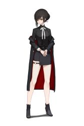 Rule 34 | 1girl, ankle boots, belt, belt boots, black hair, boots, bracelet, closed mouth, coat, ear piercing, formal, full body, hair bun, high heel boots, high heels, highres, jacket, jewelry, looking at viewer, off shoulder, original, own hands together, piercing, ribbon, rikui (rella2930), ring, shoes, single hair bun, skirt, solo, thigh strap, tsurime, white background, yellow eyes