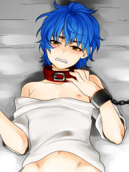 Rule 34 | 10s, 1boy, bare shoulders, blue hair, blush, chain, collar, cuffs, fangs, looking at viewer, loup-garou, lying, male focus, navel, nipples, on back, on bed, open mouth, orange eyes, shackles, short hair, solo, tears, toriko, toriko (series)