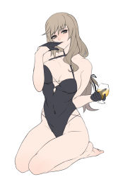 Rule 34 | 1girl, ban! (bansankan), bare shoulders, barefoot, black gloves, black one-piece swimsuit, black ribbon, breasts, brown eyes, cleavage, covered navel, criss-cross halter, cup, drinking glass, finger in own mouth, full body, girls und panzer, gloves, hair over shoulder, hair ribbon, halterneck, holding, holding cup, large breasts, long hair, looking at viewer, low-tied long hair, mature female, navel, one-piece swimsuit, removing glove, ribbon, seiza, shimada chiyo, simple background, sitting, solo, swept bangs, swimsuit, thighs, white background