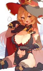 Rule 34 | 1girl, blush, breasts, cape, cleavage, clothing cutout, commentary request, controller, detached sleeves, gloves, hat, holding, holding controller, large breasts, long hair, navel, navel cutout, nijisanji, nintendo switch pro controller, no panties, nui sociere, nui sociere (1st costume), rimukoro, sweatdrop, tsurime, virtual youtuber, witch hat, yellow eyes