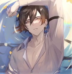 Rule 34 | 1boy, arm up, black hair, brown hair, earrings, genshin impact, gradient hair, gumilkx, highres, jewelry, long hair, long sleeves, looking at viewer, lying, male focus, multicolored hair, on back, parted lips, partially submerged, shirt, single earring, solo, upper body, water, wet, yellow eyes, zhongli (genshin impact)