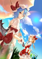 Rule 34 | 2girls, bat wings, blonde hair, blue hair, blue sky, bow, cloud, commentary request, cowboy shot, crystal, day, dress, dutch angle, flandre scarlet, hair between eyes, hat, hat bow, hat ribbon, highres, holding, holding umbrella, long hair, looking at viewer, mob cap, multiple girls, one side up, outdoors, petticoat, puffy short sleeves, puffy sleeves, red bow, red eyes, red ribbon, red skirt, red vest, remilia scarlet, ribbon, sakusyo, shirt, short hair, short sleeves, siblings, sisters, skirt, skirt set, sky, standing, touhou, tree, umbrella, vest, white dress, white hat, white shirt, wings, wrist cuffs