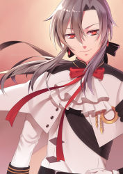 Rule 34 | 10s, 1boy, absurdres, ferid bathory, gloves, gradient background, grey hair, highres, long hair, looking at viewer, male focus, owari no seraph, pointy ears, red eyes, ribbon, riikochan, smile, solo, white gloves