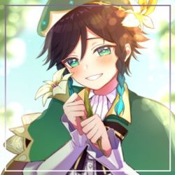 Rule 34 | 1boy, androgynous, bad id, bad twitter id, beret, black hair, blue hair, blurry, blurry background, blush, bow, braid, cape, chiroron, collared cape, collared shirt, flower, frilled sleeves, frills, genshin impact, gradient hair, green eyes, green hat, grin, hair flower, hair ornament, hat, holding, holding flower, leaf, long sleeves, looking at viewer, lowres, male focus, multicolored hair, open mouth, shirt, short hair with long locks, smile, solo, teeth, twin braids, venti (genshin impact), white flower, white shirt