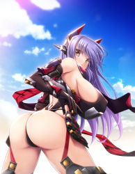 Rule 34 | 1girl, armor, ass, bare shoulders, breasts, brown eyes, cameltoe, elbow gloves, from behind, gloves, headgear, highres, horns, huge ass, huge breasts, leotard, long hair, looking back, poppi (xenoblade), poppi qtpi (xenoblade), purple hair, shiny skin, shiragi, sideboob, solo, thighhighs, thong, thong leotard, torn clothes, torn leotard, very long hair, xenoblade chronicles (series), xenoblade chronicles 2