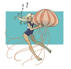 Rule 34 | 1girl, animal, black eyes, black neckerchief, blonde hair, blue background, blue one-piece swimsuit, blue sailor collar, blush, cropped shirt, floating hair, flower, full body, hair flower, hair ornament, hands up, holding, holding animal, jellyfish, kantai collection, long hair, looking at animal, neckerchief, one-piece swimsuit, one eye closed, open mouth, pink flower, ro-500 (kancolle), sachilko (motiko), sailor collar, shirt, simple background, sleeveless, sleeveless shirt, solo, swimsuit, tan, tanline, tentacles, triangle mouth, white shirt
