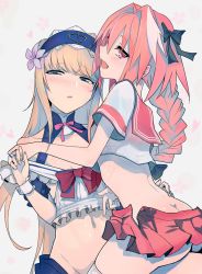 Rule 34 | 1boy, androgynous, ass, astolfo (fate), astolfo (sailor paladin) (fate), blonde hair, blue eyes, blush, bow, braid, butt crack, chevalier d&#039;eon (fate), commentary request, fang, fate/apocrypha, fate/grand order, fate (series), frills, hair ribbon, highres, long hair, looking at viewer, maid headdress, male focus, navel, no panties, official alternate costume, open mouth, pink eyes, pink hair, pleated skirt, ribbon, sailor collar, school uniform, serafuku, shiny skin, short sleeves, single braid, skirt, smile, thighhighs, trap, undressing, walzrj, wrist cuffs