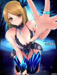 Rule 34 | 10s, 1girl, artist name, barefoot, blade &amp; soul, blush, breasts, brown eyes, cleavage, collarbone, detached collar, fingerless gloves, gloves, jewelry, kneeling, large breasts, leotard, light brown hair, long hair, looking at viewer, night, outdoors, outstretched arm, outstretched hand, parted lips, ring, shaojiang, signature, solo, wet