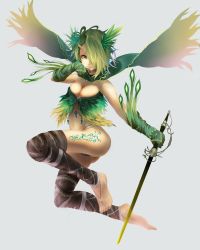 Rule 34 | 1girl, akai kitsune, ass, bad id, bad pixiv id, breasts, brown thighhighs, cape, cleavage, elbow gloves, gloves, green eyes, green hair, green panties, hair ornament, hair over one eye, highres, large breasts, looking at viewer, matching hair/eyes, no pants, no shoes, original, panties, shirt, solo, sword, tattoo, thighhighs, underwear, weapon