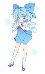 Rule 34 | 1girl, bad id, bad pixiv id, blade (galaxist), blue dress, blue eyes, blue hair, blue skirt, blue theme, blush, bobby socks, bow, cirno, dress, fairy, full body, hair bow, holding, ice, looking at viewer, mary janes, matching hair/eyes, shoes, short hair, skirt, snowflakes, socks, solo, touhou, white background, white socks, wings