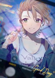 Rule 34 | 1girl, :d, absurdres, asymmetrical bangs, breasts, brown hair, candy, chain-link fence, cleavage, collarbone, cross, cross necklace, denim, denim jacket, fence, food, forehead, green eyes, grin, highres, holding, holding candy, holding food, idolmaster, idolmaster cinderella girls, jacket, jacket partially removed, jewelry, kimura natsuki, lollipop, looking away, maico (manya0321), necklace, open mouth, fake phone screenshot, print tank top, ring, smile, solo, taking picture