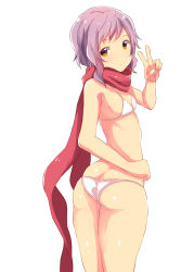 Rule 34 | 1girl, absurdres, ass, bad id, bad pixiv id, bare arms, bare shoulders, bikini, blush, breasts, brown eyes, closed mouth, highres, idolmaster, idolmaster million live!, looking at viewer, makabe mizuki, owafu, purple hair, red scarf, scarf, simple background, small breasts, solo, swimsuit, v, white background, white bikini