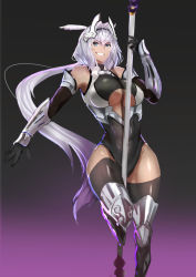 Rule 34 | 1girl, animal ears, armored boots, bare shoulders, black background, blue eyes, boots, breasts, caenis (fate), center opening, cleavage, commentary request, dark-skinned female, dark skin, elbow gloves, fate/grand order, fate (series), gauntlets, gloves, gradient background, grin, hair intakes, hairband, headgear, jikihatiman, large breasts, leotard, long hair, looking at viewer, navel, one-piece swimsuit, polearm, purple background, smile, solo, swimsuit, thighhighs, underboob, weapon, white hair