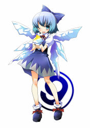 Rule 34 | blue eyes, blue hair, bow, circled 9, cirno, food, hermmy, ice, one eye closed, pee, peeing, phantasmagoria of flower view, shaved ice, short hair, solo, touhou, wings, wink