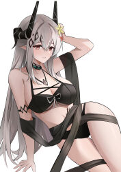 Rule 34 | 1girl, absurdres, arknights, arm support, arm up, armlet, bare shoulders, bikini, black bikini, breasts, cleavage, collar, flower, grey hair, hai binggan, hair flower, hair ornament, highres, horns, infection monitor (arknights), jewelry, large breasts, long hair, looking at viewer, material growth, mudrock (arknights), mudrock (silent night) (arknights), necklace, official alternate costume, oripathy lesion (arknights), parted lips, pointy ears, reclining, red eyes, sidelocks, smile, solo, swimsuit, thigh gap, very long hair, yellow flower
