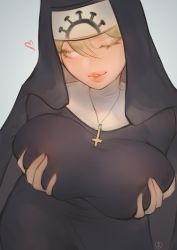 Rule 34 | 1girl, blank eyes, blonde hair, grabbing another&#039;s breast, breasts, cross, cross necklace, double (skullgirls), grabbing, grey background, habit, heart, jewelry, large breasts, lips, nat the lich, necklace, nun, pursed lips, skullgirls, smile, solo