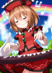 Rule 34 | 1girl, beamed sixteenth notes, blue sky, brown hair, closed eyes, closed mouth, cloud, collared vest, cowboy shot, eighth note, frilled hat, frills, hair between eyes, hat, highres, instrument, keyboard (instrument), long sleeves, lyrica prismriver, music, musical note, outdoors, playing instrument, rainbow, red hat, red skirt, red vest, ruu (tksymkw), shirt, short hair, skirt, sky, smile, solo, standing, touhou, treble clef, tree, vest, white shirt