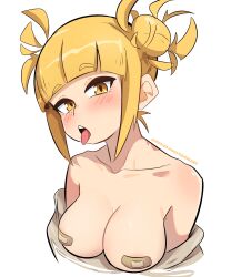 Rule 34 | 1girl, absurdres, areola slip, bandaid, bandaids on nipples, blonde hair, blush, boku no hero academia, breasts, dashi (dashiart), double bun, hair bun, highres, looking at viewer, medium breasts, messy hair, open mouth, pasties, short hair, simple background, solo, toga himiko, topless, upper body, white background, yellow eyes