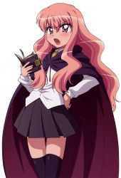 Rule 34 | 00s, 1girl, absurdres, artist request, book, cape, female focus, hand on own hip, highres, louise francoise le blanc de la valliere, pentacle, pink hair, solo, standing, thighhighs, zero no tsukaima, zettai ryouiki