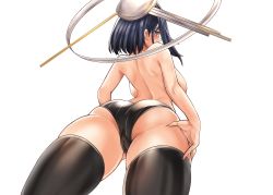 Rule 34 | 1girl, absurdres, ass, backboob, bare arms, bare back, bare shoulders, black hair, black shorts, black thighhighs, blue eyes, breasts, cameltoe, from below, hand on own thigh, highres, hololive, hololive english, honkivampy, large breasts, looking at viewer, looking back, medium hair, no bra, no shirt, ouro kronii, short hair, short shorts, shorts, sideboob, sidelocks, simple background, skindentation, solo, striped clothes, striped shorts, thighhighs, thighs, virtual youtuber, white background