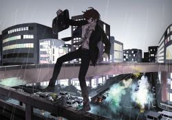 Rule 34 | 1boy, black footwear, black jacket, black pants, briefcase, brown hair, building, car, character request, city, closed eyes, commentary request, formal, full body, green necktie, grey sky, holding, holding briefcase, hypnosis mic, imminent suicide, jacket, kannonzaka doppo, long sleeves, male focus, marutiyo, motor vehicle, necktie, open mouth, outdoors, pants, pedestrian bridge, peril, road, shirt, short hair, sky, smile, solo focus, standing, standing on one leg, street, striped clothes, striped shirt, suicide, suit, suit jacket, white shirt