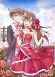 Rule 34 | 1boy, 1girl, :d, azgby, blue eyes, blue sky, bow, bowtie, breasts, brown hair, choker, cleavage, cloud, collarbone, couple, day, dress, floating hair, flower, grin, hair between eyes, hair flower, hair ornament, hand on another&#039;s shoulder, highres, holding hands, kudou shin&#039;ichi, long hair, medium breasts, meitantei conan, mouri ran, open mouth, outdoors, petals, pink flower, pink rose, purple eyes, red bow, red dress, red flower, red rose, rose, sky, sleeveless, sleeveless dress, smile, strapless, strapless dress, very long hair, wrist cuffs